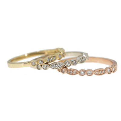 14KT Tri Color Diamond Stackable Ring Set With Miligrain Design - Giorgio Conti Jewelers