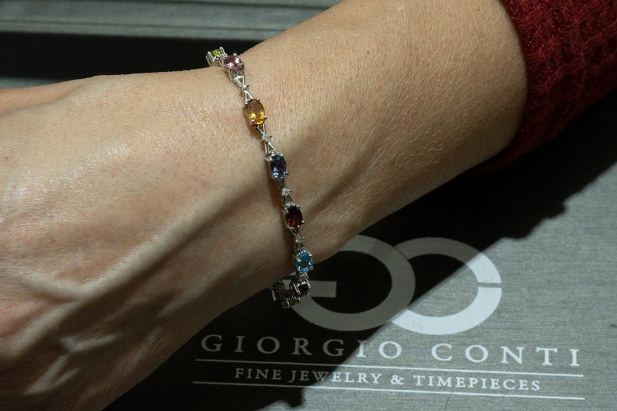 14KT White Gold 6.82CTW Multi-Colored Natural Gemstone and Diamond Tennis Bracelet - Giorgio Conti Jewelers