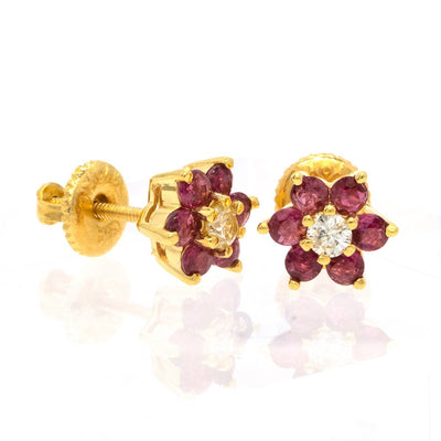 14KT Yellow Gold 0.68CTW Round Cut Prong Set Ruby and Diamond Stud Earrings - Giorgio Conti Jewelers