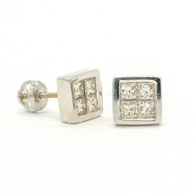 18KT White Gold 0.86CTW Princess Cut Invisible Set Natural Diamond Stud Earrings - Giorgio Conti Jewelers