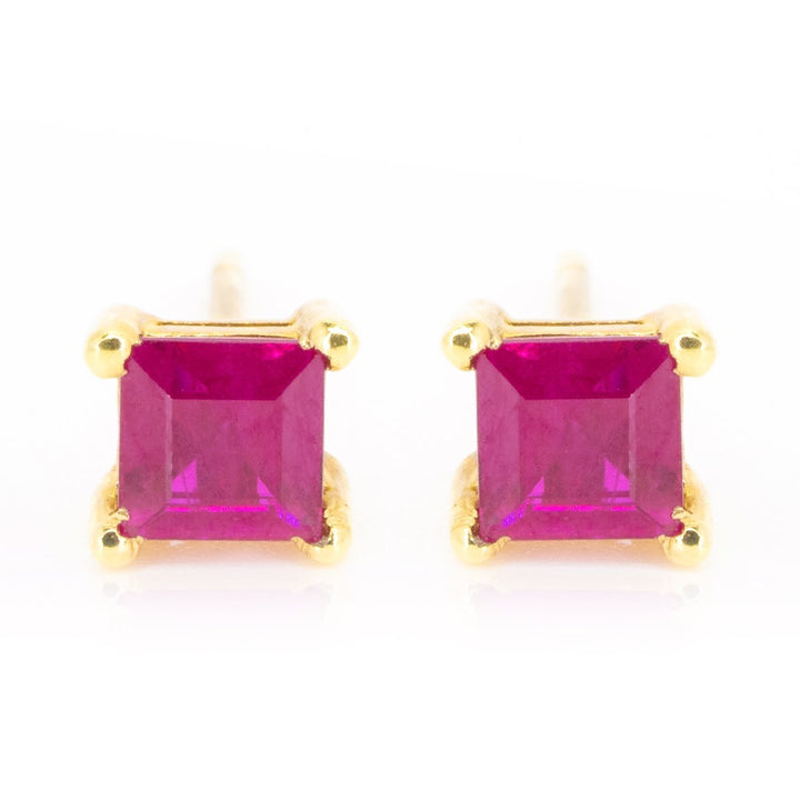 18kt Yellow Gold .75ctw NATURAL Square / Princess Very Fine Ruby Stud Earrings - Giorgio Conti Jewelers