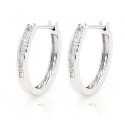 White Gold .51ctw NATURAL Princess Cut Diamond Oval Drop Hoop Channel Set Earrings - Giorgio Conti Jewelers