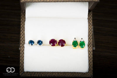 YELLOW GOLD TWON TONE COLOMBIAN EMERALD DIAMOND STUD EARRINGS - Giorgio Conti Jewelers
