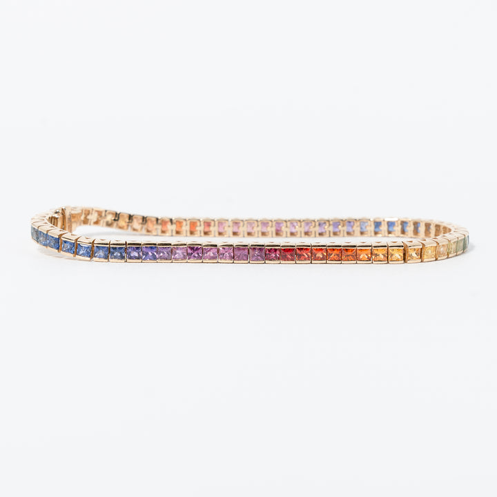 Rainbow Multi Color Natural Sapphire AAA Quality Tennis bracelet in Yellow Gold