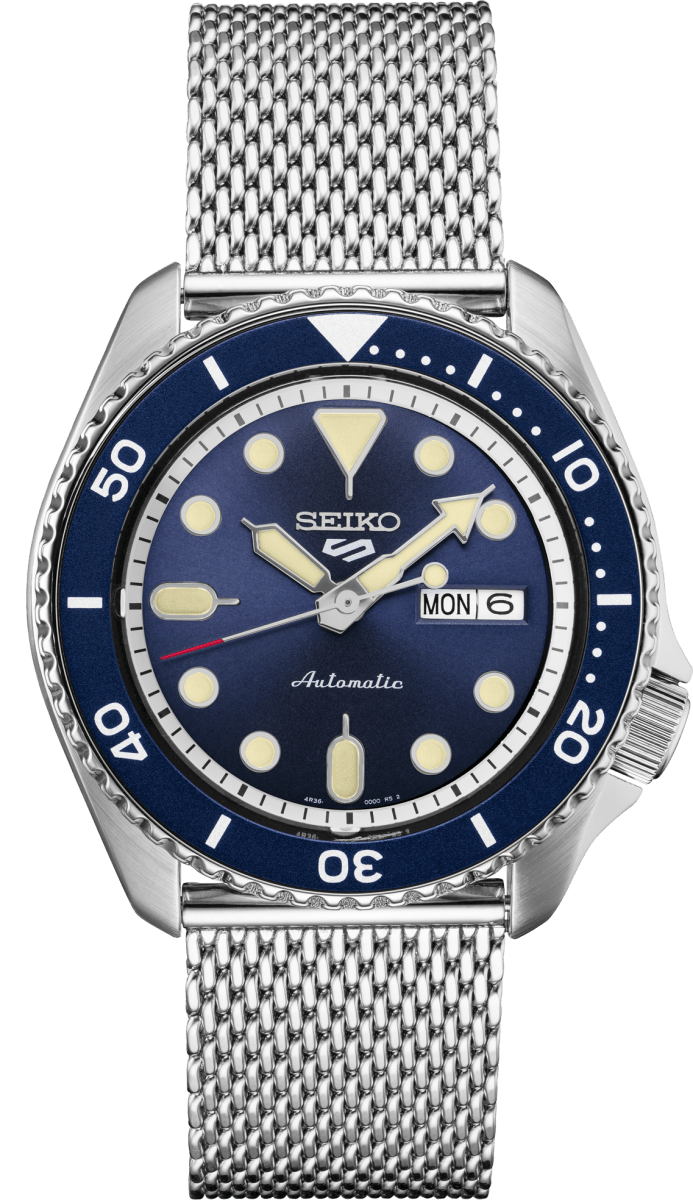 SEIKO 5 SRPD71 SPORT AUTOMATIC WATCH WITH STEEL MESH BRACELET BLUE DIAL - Giorgio Conti Jewelers