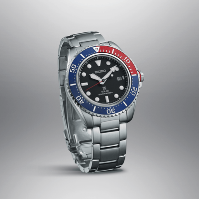 SEIKO PROSPEX SNE591 SOLAR BLUE AND RED "PEPSI" DIVER WATCH - Giorgio Conti Jewelers