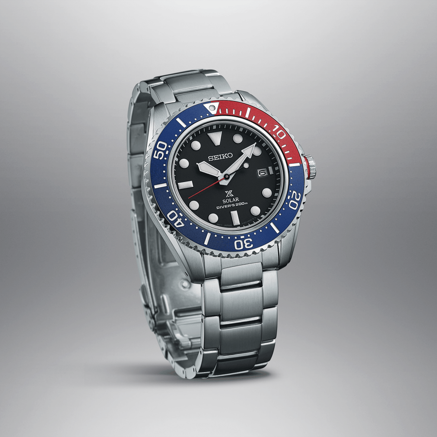 SEIKO PROSPEX SNE591 SOLAR BLUE AND RED "PEPSI" DIVER WATCH - Giorgio Conti Jewelers