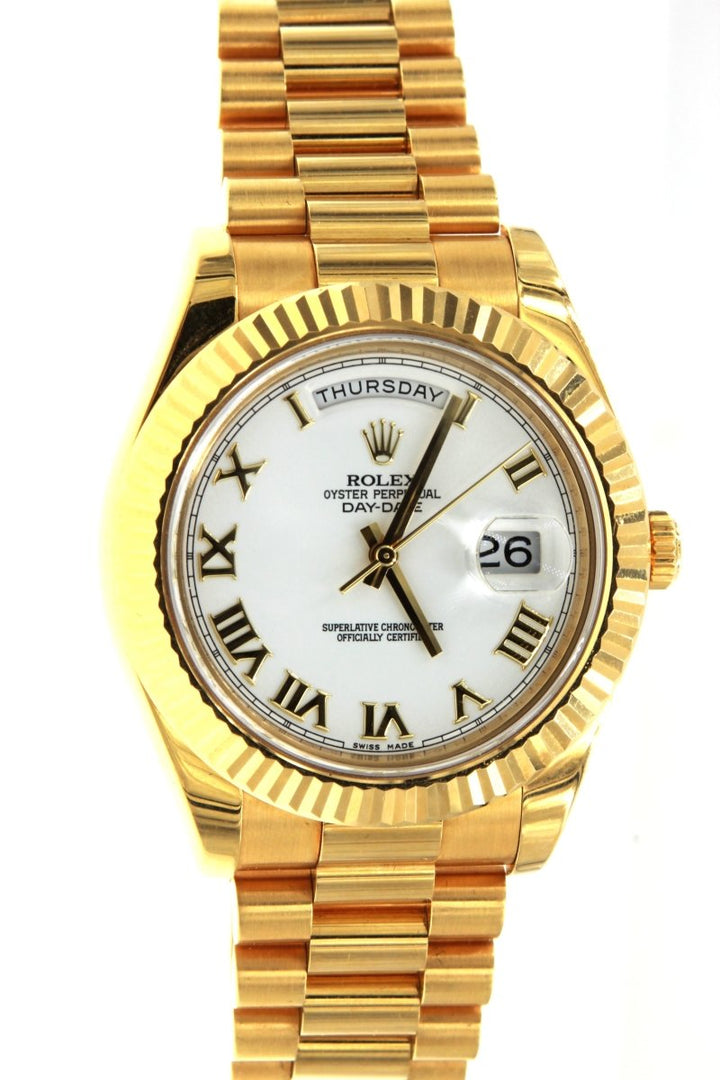 Rolex President Day Date 218238 Yellow Gold 41MM Fluted Bezel Factory Mens Watch - Giorgio Conti Jewelers