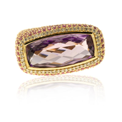 14K Yellow Gold 11.82CTW Pink Sapphire Amethyst Diamond Cocktail Ring - Giorgio Conti Jewelers
