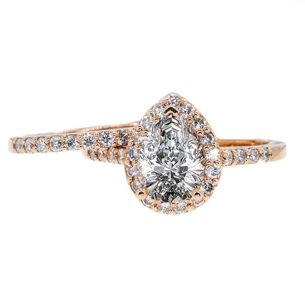 14KT Rose Gold 0.65ctw Pear Cut Prong Set Halo Diamond Wedding Set - Giorgio Conti Jewelers