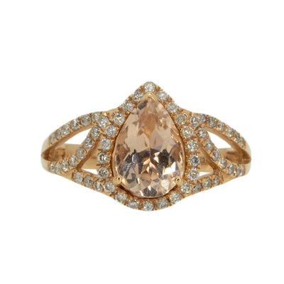 14KT Rose Gold 2.20ctw Pear Cut Prong Set Morganite and Round Cut Prong Set Diamond Halo Ring - Giorgio Conti Jewelers