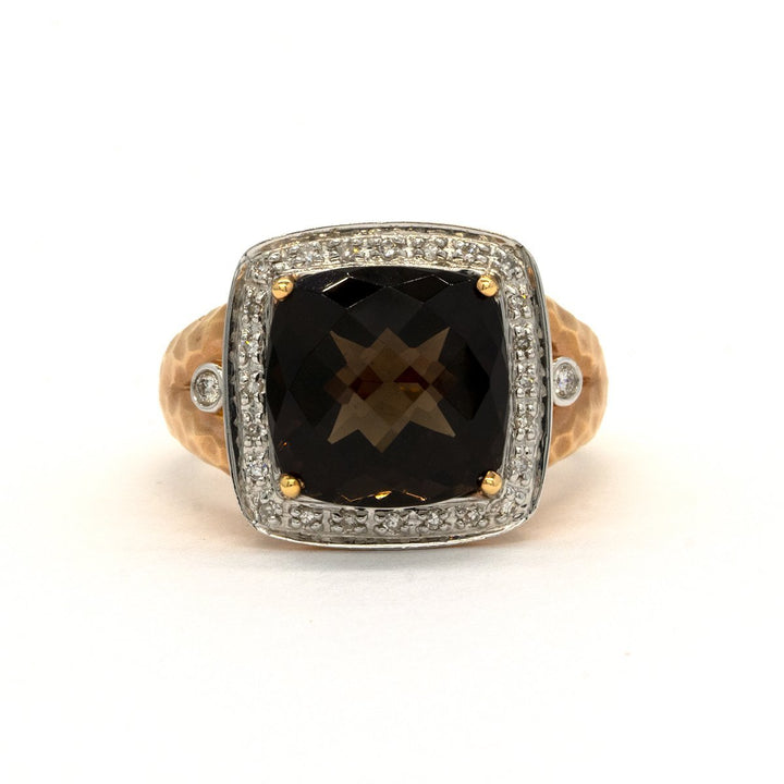 14KT Rose Gold 5.16ctw Faceted Top Cushion Cut Natural Smoky Topaz and Diamond Halo Ring - Giorgio Conti Jewelers