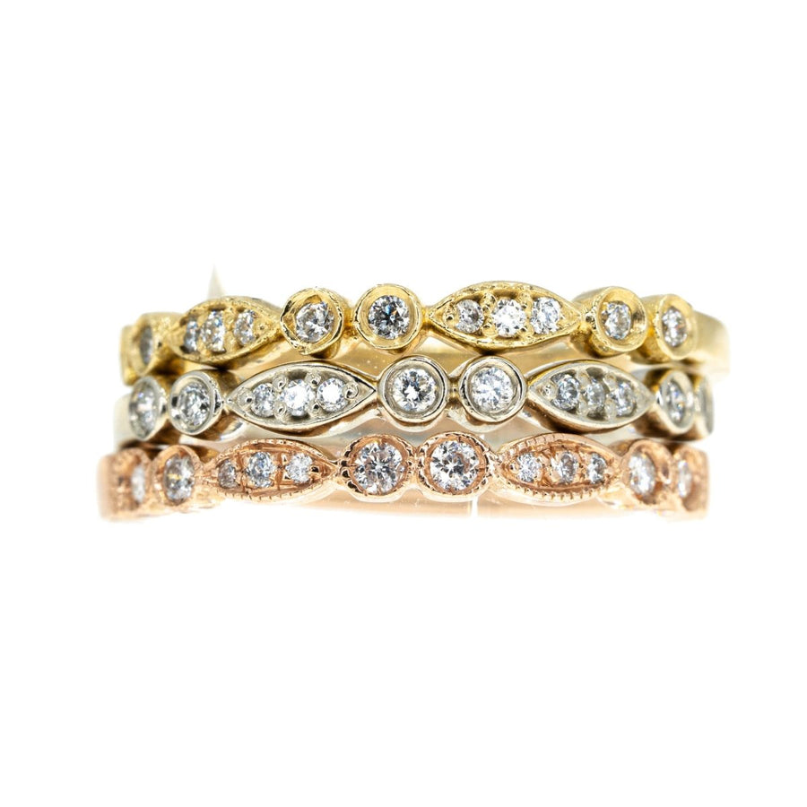 14KT Tri Color Diamond Stackable Ring Set With Miligrain Design - Giorgio Conti Jewelers