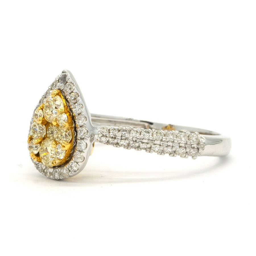 14KT Two Tone White and Yellow Gold 0.90CTW Round Brilliant Cut Pave Set Yellow and Natural White Diamond Cluster Halo Cocktail Ring - Giorgio Conti Jewelers