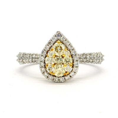 14KT Two Tone White and Yellow Gold 0.90CTW Round Brilliant Cut Pave Set Yellow and Natural White Diamond Cluster Halo Cocktail Ring - Giorgio Conti Jewelers