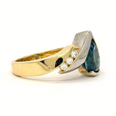 14KT Two Tone Yellow and White Gold 2.08CTW Pear Shape Channel Set Natural London Blue Topaz and Diamond Ring - Giorgio Conti Jewelers