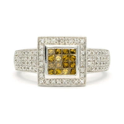 14KT White Gold 0.65CTW Princess and Round Brilliant Cut Natural Yellow and White Diamond Halo Cocktail Ring - Giorgio Conti Jewelers