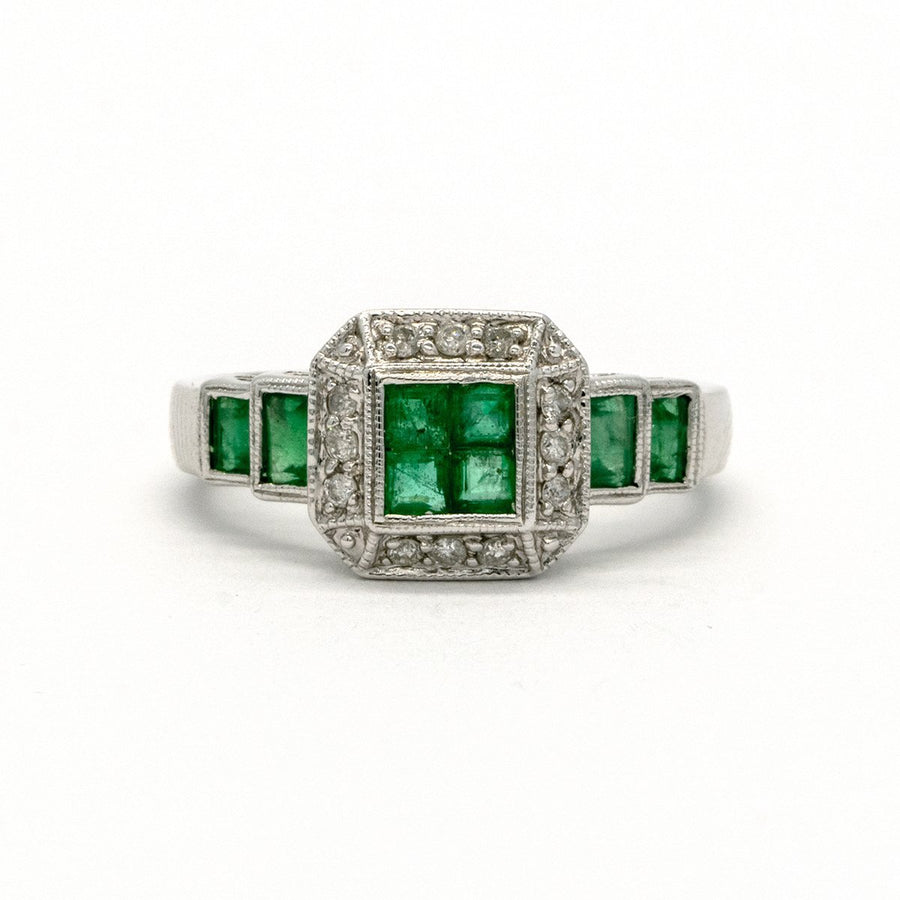 14KT White Gold 0.94CTW Princess and Emerald Cut Natural Colombian Emerald and Diamond Halo Ring - Giorgio Conti Jewelers