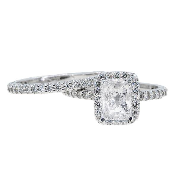 14KT White Gold 0.95ctw Radiant Cut Prong Set Halo Diamond Wedding Set - Giorgio Conti Jewelers