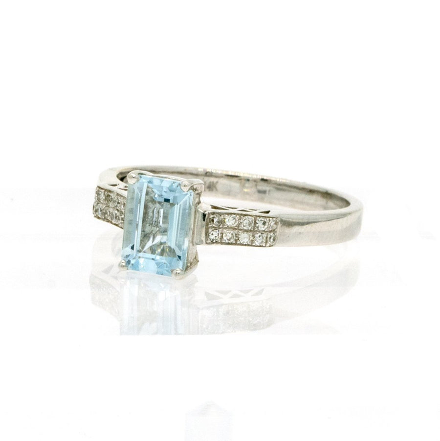 14KT White Gold 1.00CTW Emerald Cut Prong Set Aquamarine and Diamond Ring - Giorgio Conti Jewelers