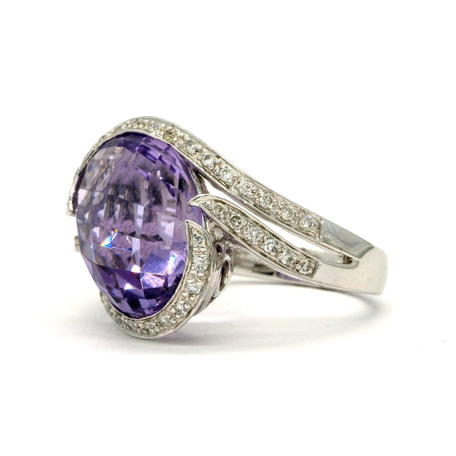 14KT White Gold 10.27CTW Faceted Top Oval Cut Channel Set Natural Amethyst and Diamond Ring - Giorgio Conti Jewelers