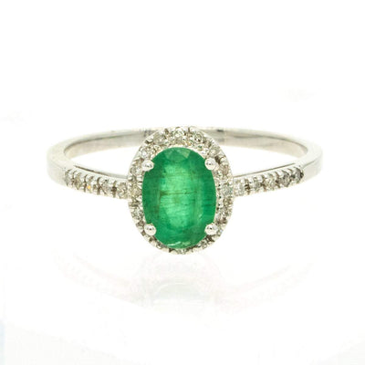 14KT White Gold 1.06ctw Oval Cut Prong Set Emerald and Diamond Halo Engagement Ring - Giorgio Conti Jewelers