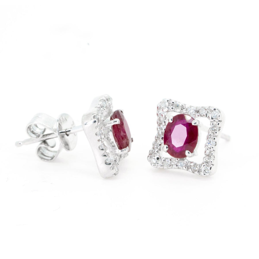 14kt White Gold 1.09ctw NATURAL Ruby and Diamond Halo Stud Earrings Fine Rubies - Giorgio Conti Jewelers