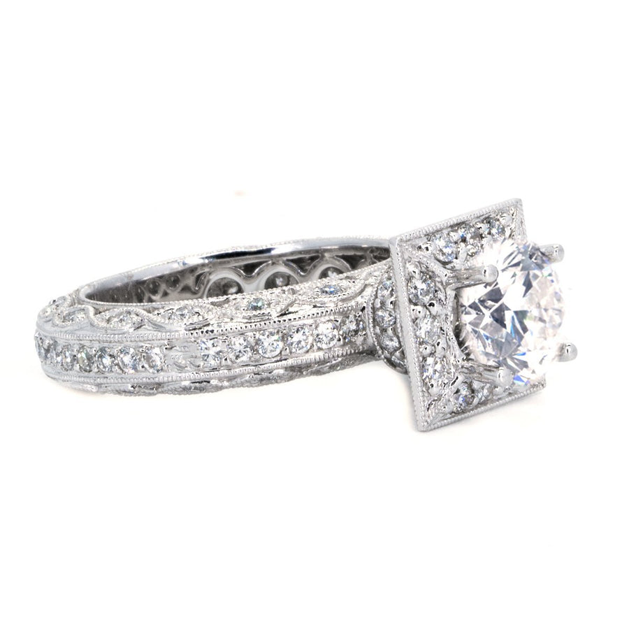 14KT White Gold 1.10ctw Round Cut Pave Miligrain Set Diamond Engagement Ring - Giorgio Conti Jewelers