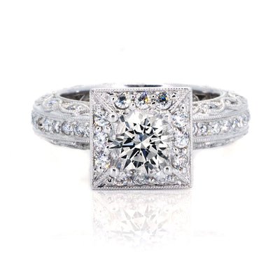 14KT White Gold 1.10ctw Round Cut Pave Miligrain Set Diamond Engagement Ring - Giorgio Conti Jewelers