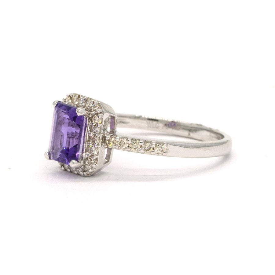 14KT White Gold 1.13CTW Emerald Cut Prong Set Natural Amethyst and Diamond Halo Ring - Giorgio Conti Jewelers
