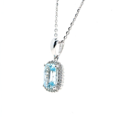 14kt White Gold 1.35ctw Natural Cushion Cut Aquamarine Diamond Halo Pendant - Giorgio Conti Jewelers