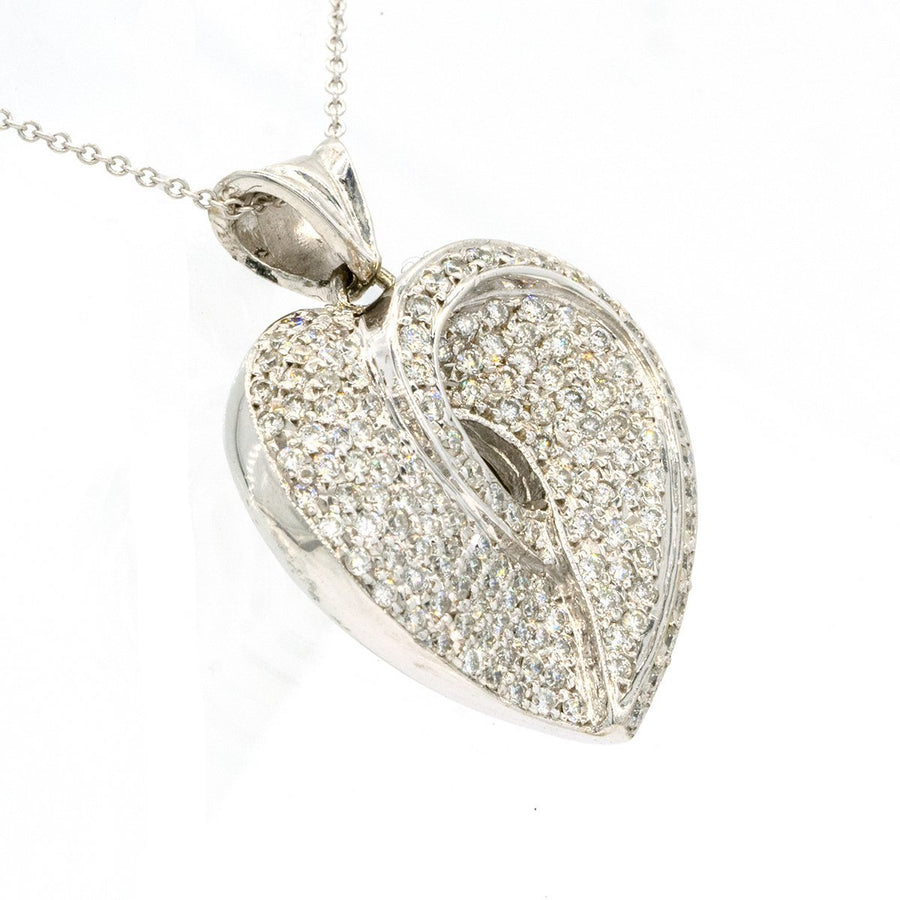 14KT White Gold 1.35CTW Round Cut Pave Set Diamond Heart Pendant - Giorgio Conti Jewelers