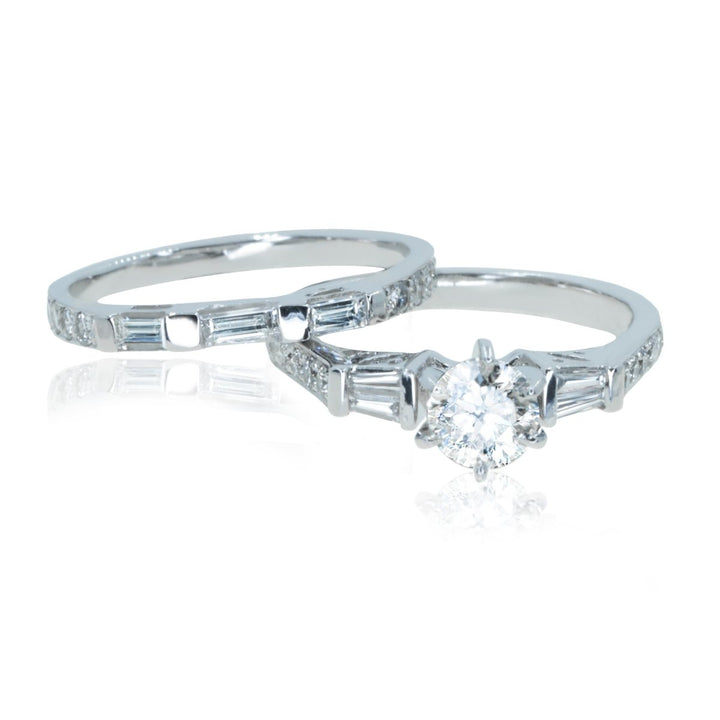 14KT White Gold 1.40CTW Round & Baguette Diamond Engagement Ring & Wedding Band Set - Giorgio Conti Jewelers