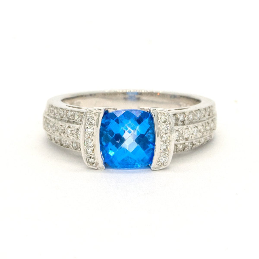 14KT White Gold 1.45CTW Cushion Cut Channel Set London Blue Topaz and Diamond Ring - Giorgio Conti Jewelers