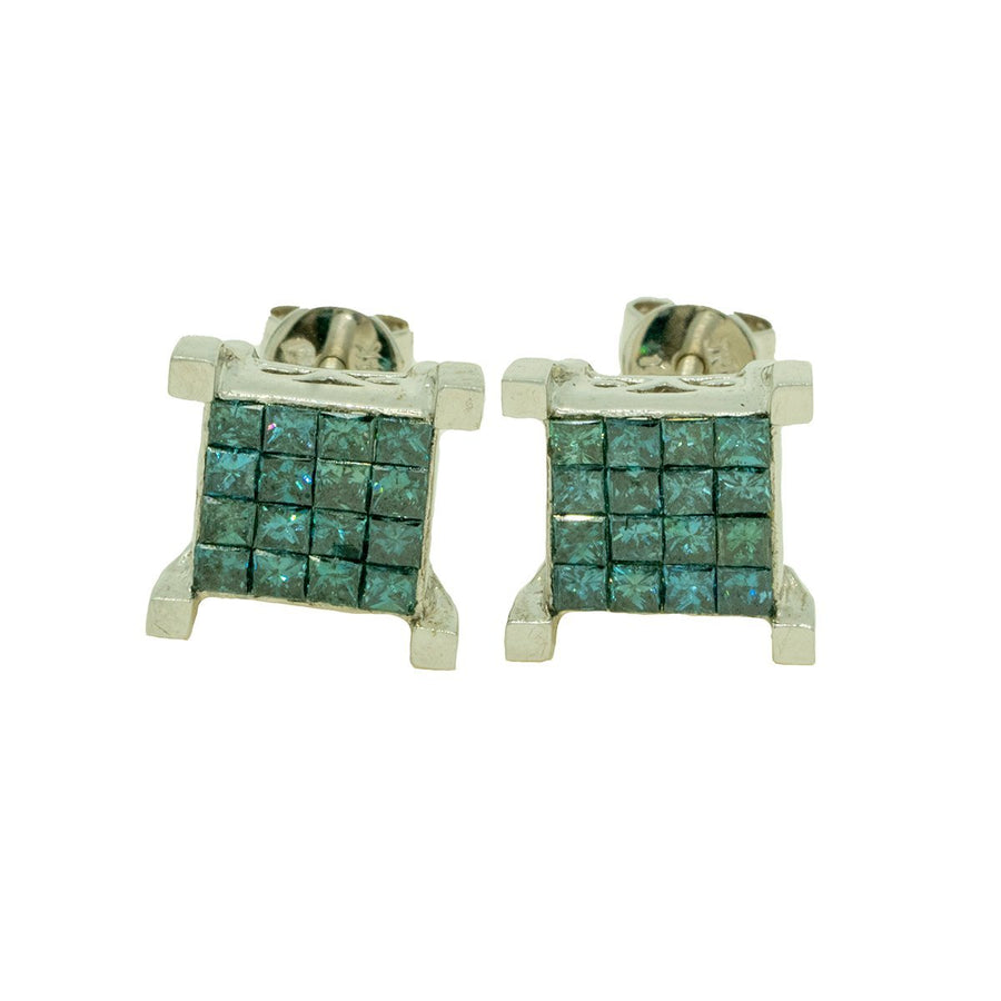 14KT White Gold 1.63ctw Princess Cut Invisible Set Blue Diamond Earrings - Giorgio Conti Jewelers