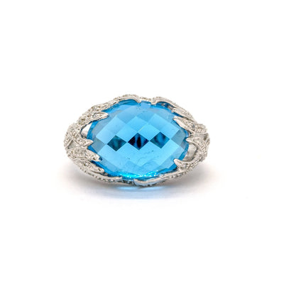 14KT White Gold 16.46CTW Oval Cut Faceted Top Natural Blue Topaz and Diamond Ring - Giorgio Conti Jewelers