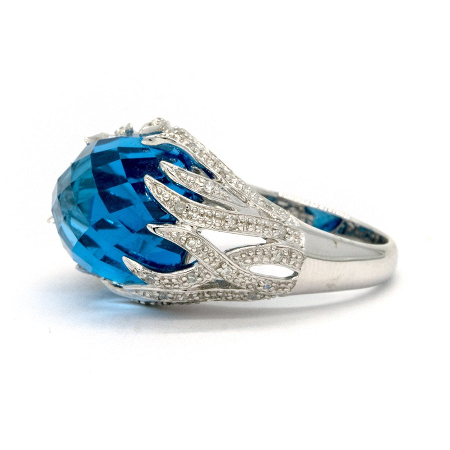 14KT White Gold 16.46CTW Oval Cut Faceted Top Natural Blue Topaz and Diamond Ring - Giorgio Conti Jewelers