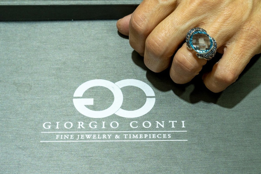 14KT White Gold 16.70CTW Natural Blue Topaz Sapphire and Diamond Ring - Giorgio Conti Jewelers