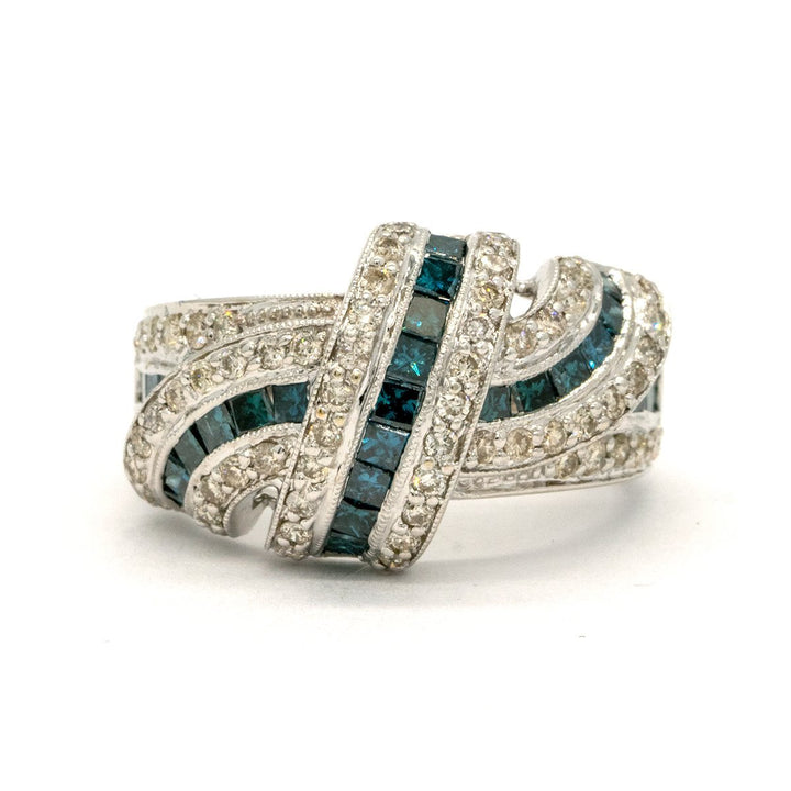14KT White Gold 1.78CTW Princess and Round Brilliant Cut Natural Blue and White Diamond Cocktail Ring - Giorgio Conti Jewelers