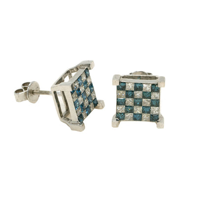 14KT White Gold 2.05ctw Princess Cut Invisible Set Blue and White Diamond Earrings - Giorgio Conti Jewelers