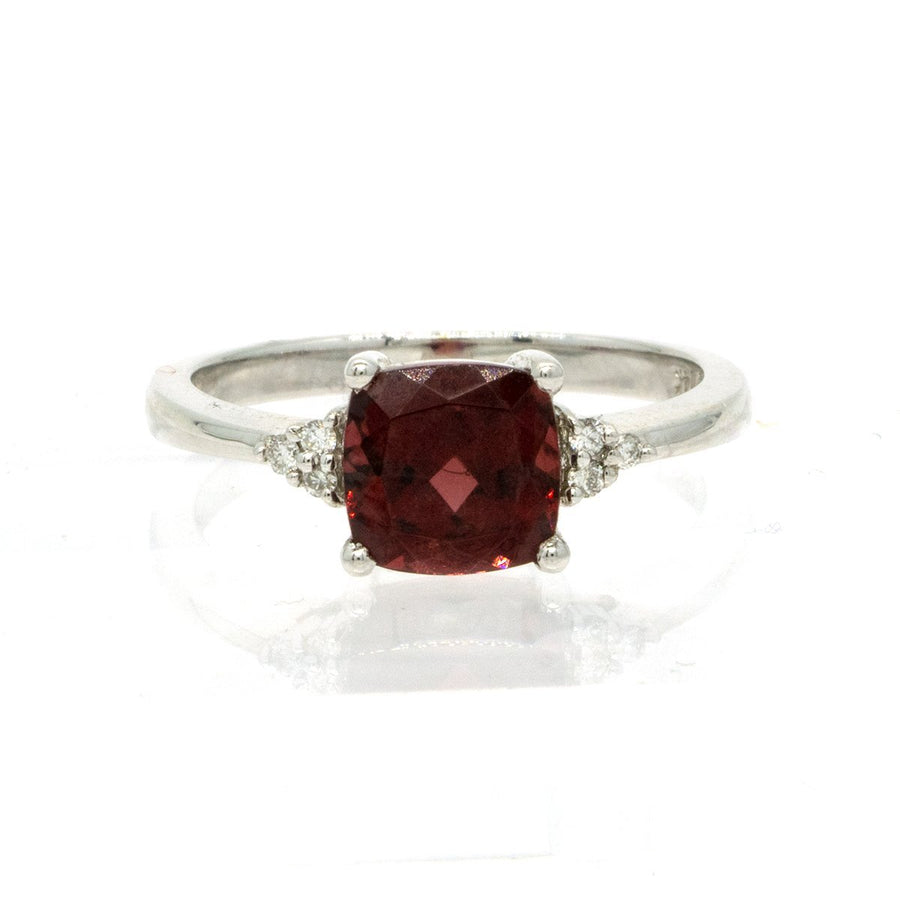 14KT White Gold 2.21CTW Cushion Cut Prong Set Red Garnet and Diamond Ring - Giorgio Conti Jewelers