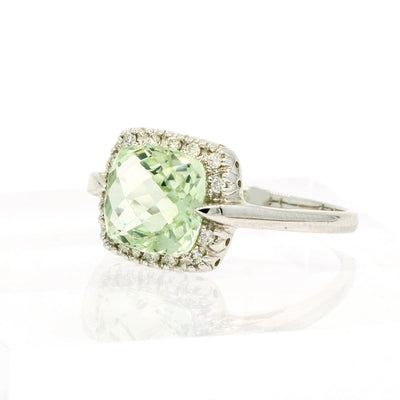 14KT White Gold 2.30CTW Cushion Cut Prong Set Green Amethyst and Diamond Halo Ring - Giorgio Conti Jewelers
