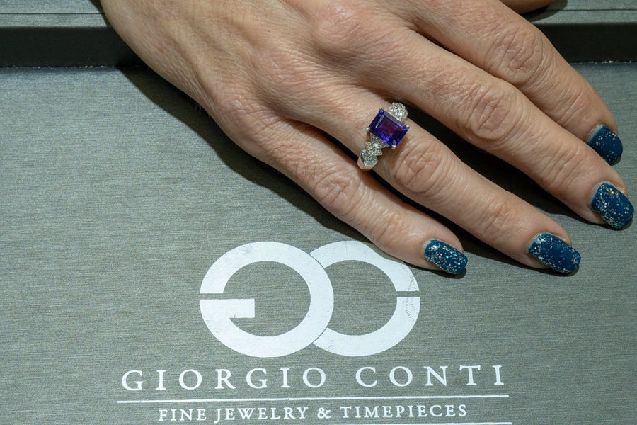 14KT White Gold 2.34CTW Emerald Cut Prong Set Natural Amethyst and Diamond Ring - Giorgio Conti Jewelers