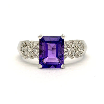 14KT White Gold 2.34CTW Emerald Cut Prong Set Natural Amethyst and Diamond Ring - Giorgio Conti Jewelers