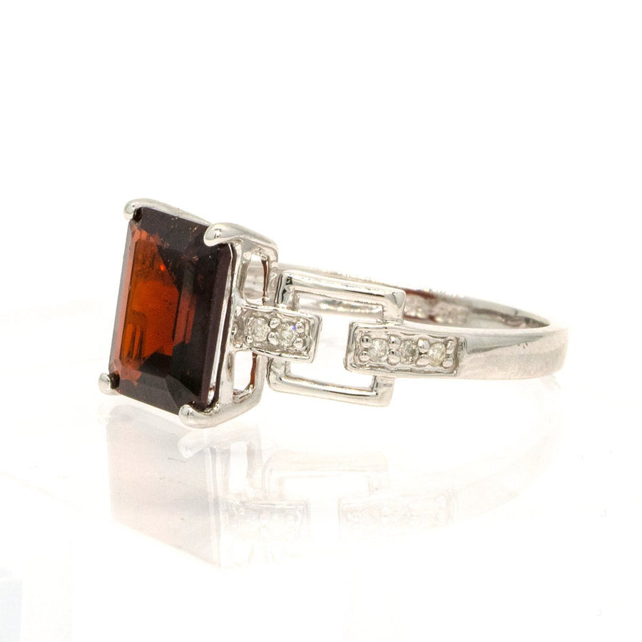 14KT White Gold 2.59CTW Emerald Cut Prong Set Red Garnet and Diamond Ring - Giorgio Conti Jewelers