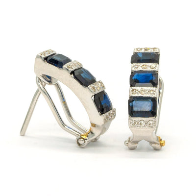 14KT White Gold 2.98CTW Emerald Cut Channel Set Natural Sapphire and Diamond Earrings - Giorgio Conti Jewelers