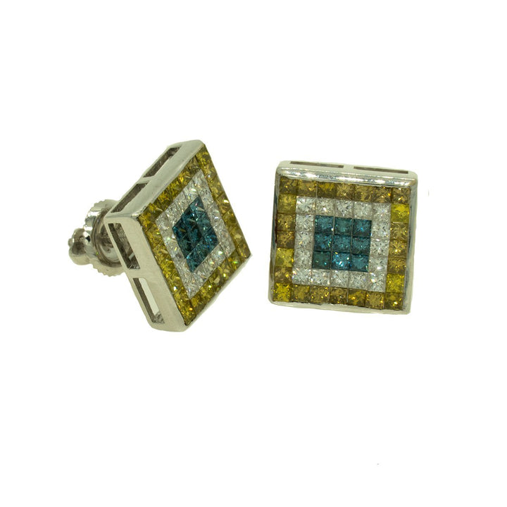 14KT White Gold 3.00ctw Princess Cut Invisible Set Blue Yellow and White Diamond Earrings - Giorgio Conti Jewelers
