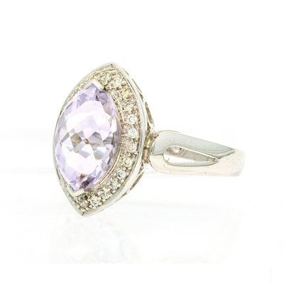 14KT White Gold 3.10CTW Marquise Cut Prong Set Pink Amethyst and Diamond Halo Ring - Giorgio Conti Jewelers