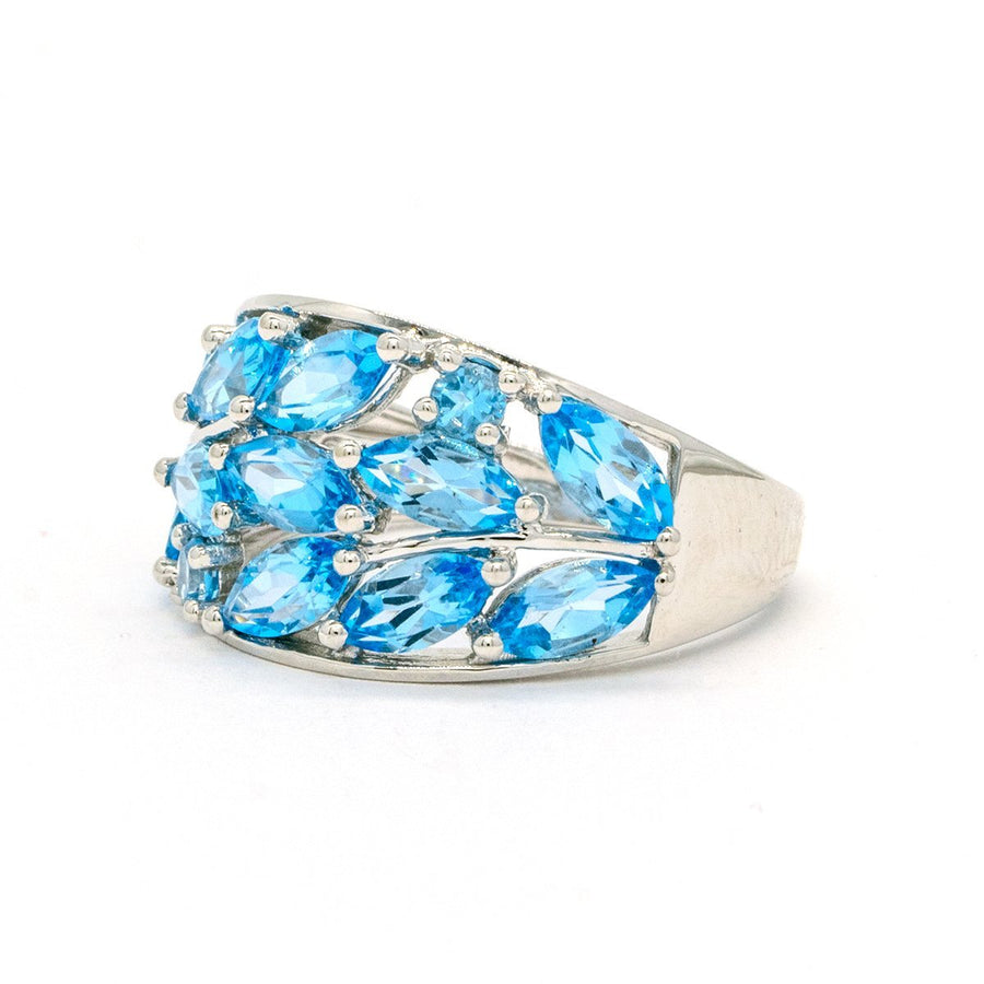 14KT White Gold 3.30CTW Marquise and Round Brilliant Cut Prong Set Natural Blue Topaz Ring - Giorgio Conti Jewelers
