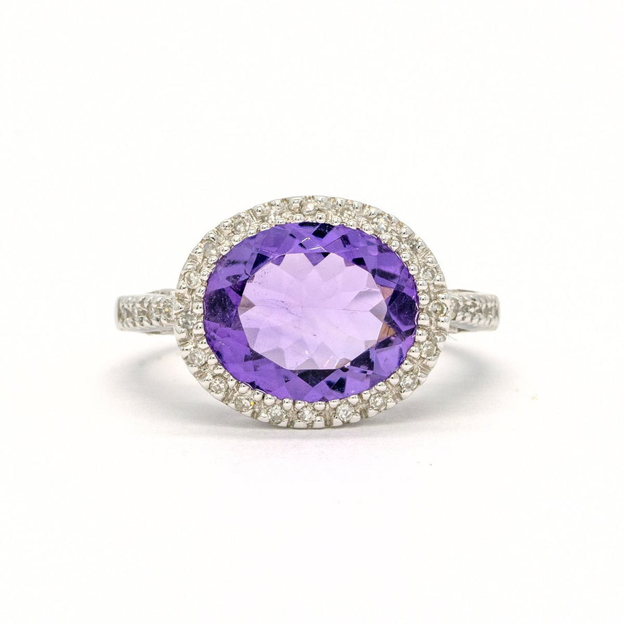 14KT White Gold 3.97CTW Oval Cut Bezel Set Natural Amethyst and Diamond Halo Ring - Giorgio Conti Jewelers